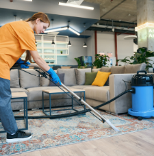 Woman vacuuming a rug